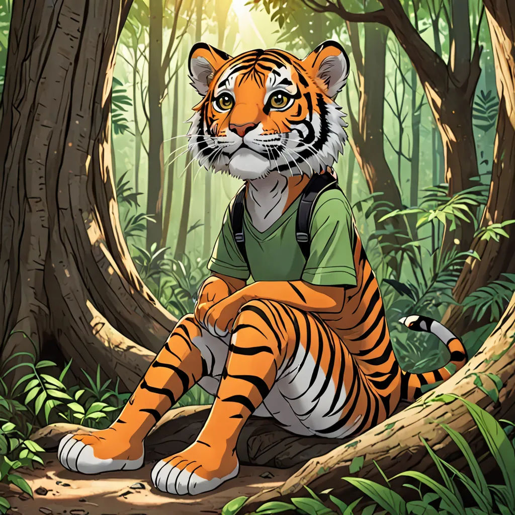 a tiger sitting in the middle of a forest with a backpack on his back and a backpack on his shoulder, furry art, a character portrait, Aaron Jasinski, official art