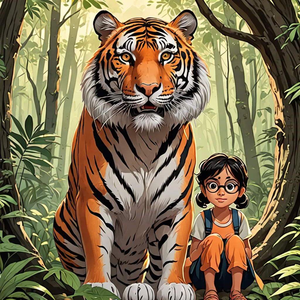 a boy and a tiger in a jungle with trees and bushes behind them, with a boy looking at the tiger, bengal school of art, poster art, Asaf Hanuka, graphic novel