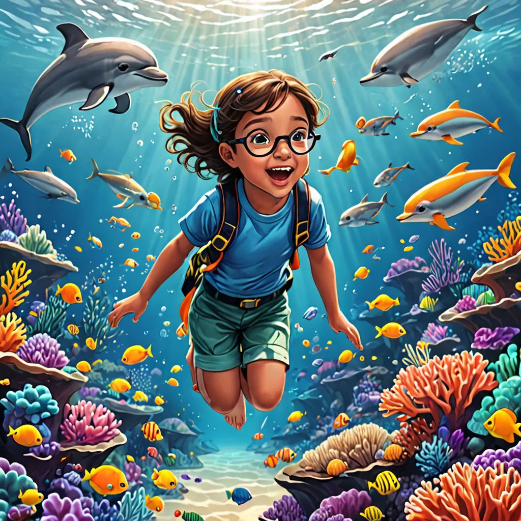 a painting of a girl diving in the ocean with dolphins and other fish around her, with a sunbeam above her, fantasy art, a storybook illustration, Cyril Rolando, highly detailed digital painting