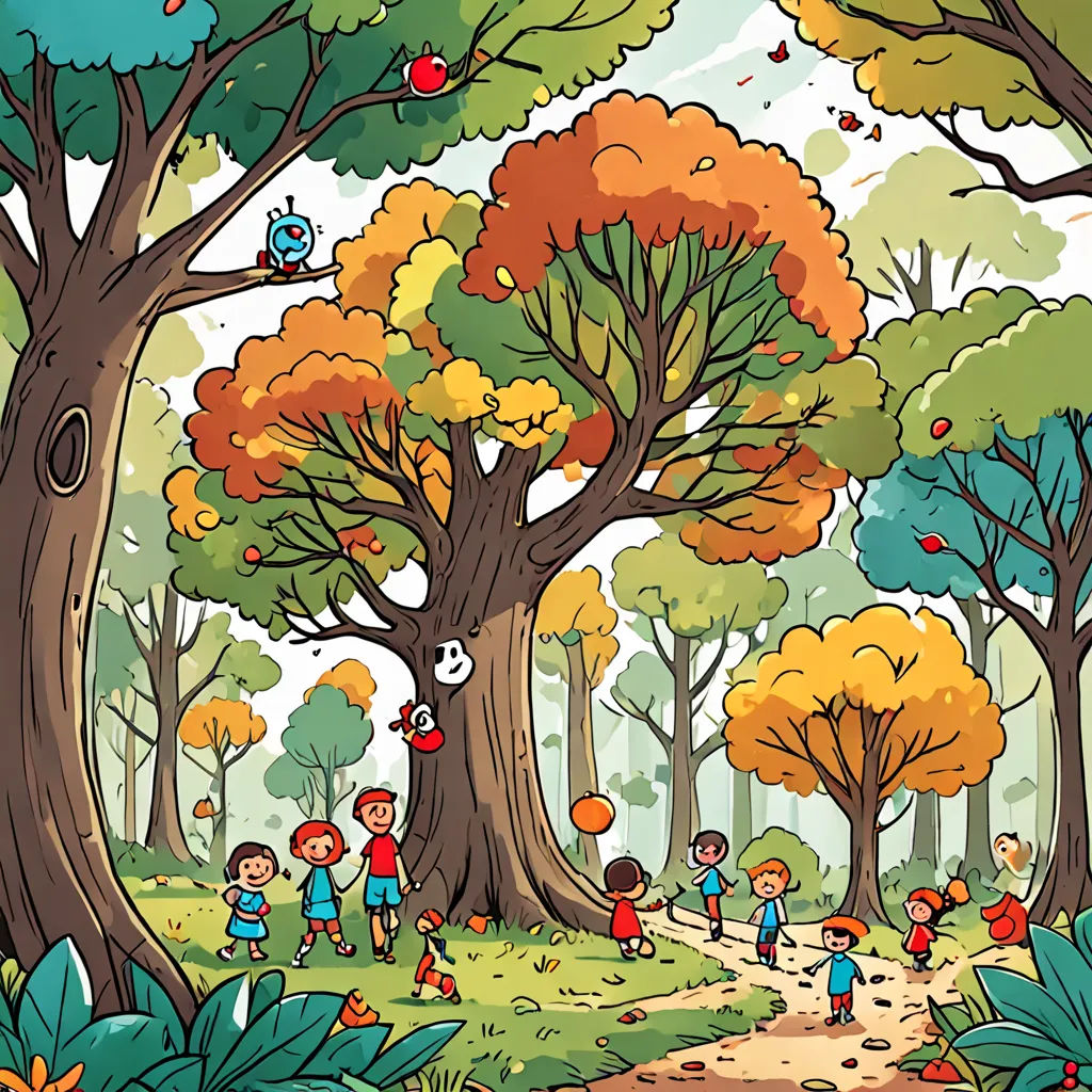 a group of children playing in a forest with trees and leaves on the ground and a path leading to them, plein air, a storybook illustration, Diego Gisbert Llorens, storybook illustration