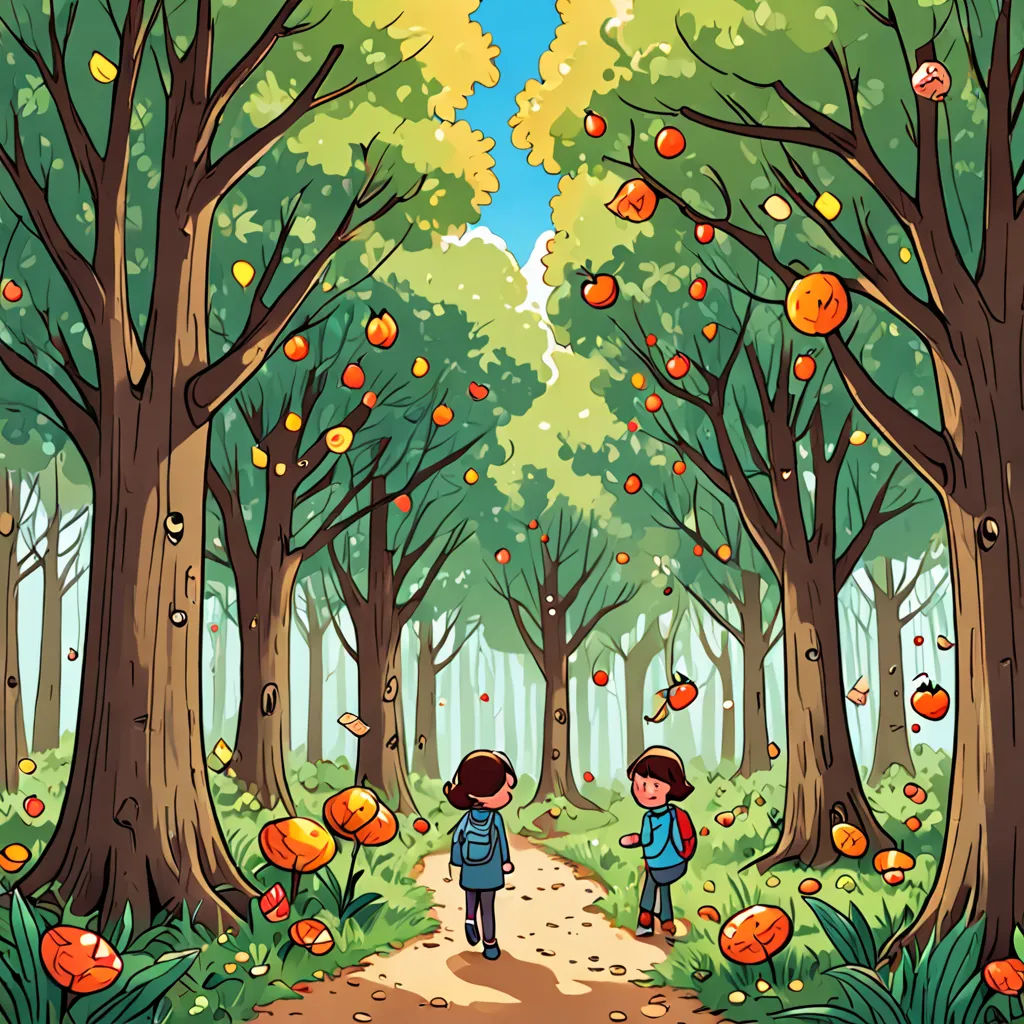 a couple of kids walking down a dirt road in a forest filled with trees and oranges on the ground, serial art, a storybook illustration, Diego Gisbert Llorens, sachin teng