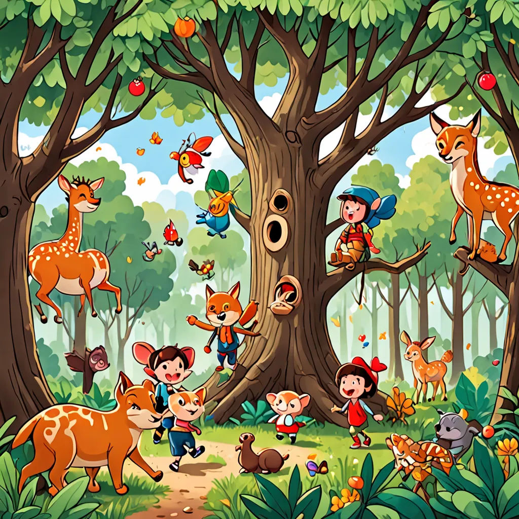 a cartoon forest scene with many animals and people in it, including a deer, a fox, a fox, and a bird, naive art, a storybook illustration, Diego Gisbert Llorens, storybook illustration