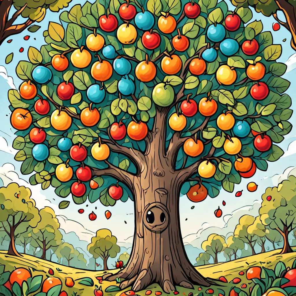 a cartoon tree with many apples on it's branches and a face in the middle of the tree, psychedelic art, a storybook illustration, Chris LaBrooy, game art