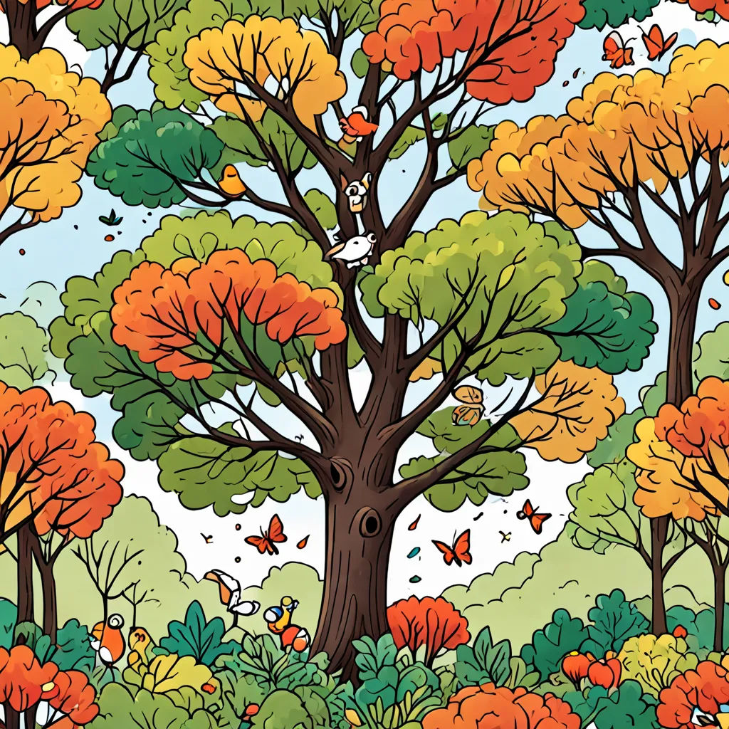 a cartoon of a tree with a bird in it's mouth and a forest full of leaves and flowers, context art, a storybook illustration, Diego Gisbert Llorens, autumn