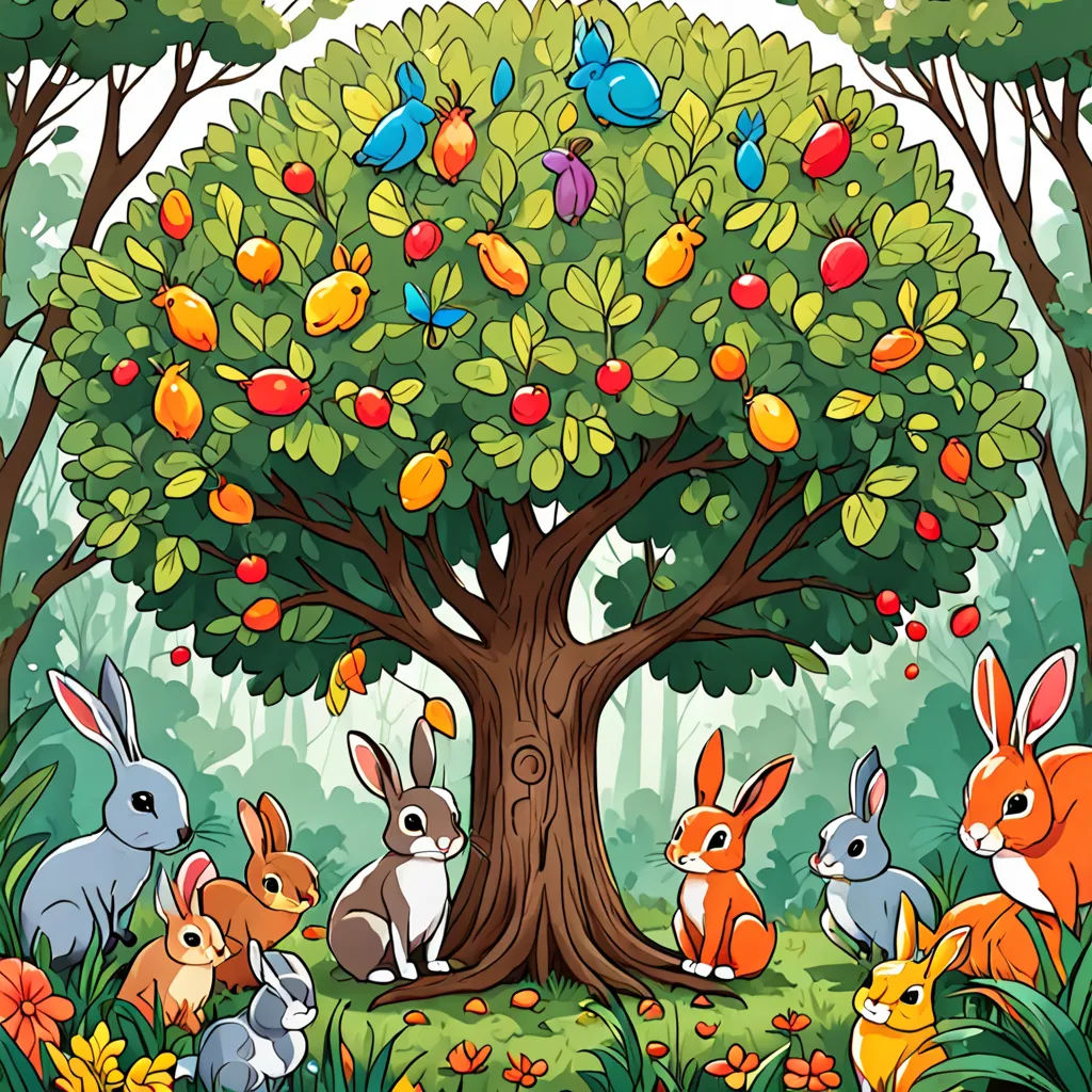 a group of rabbits sitting under a tree in a forest with apples on it and a bird on top of the tree, naive art, a storybook illustration, Chris LaBrooy, highly detailed digital art