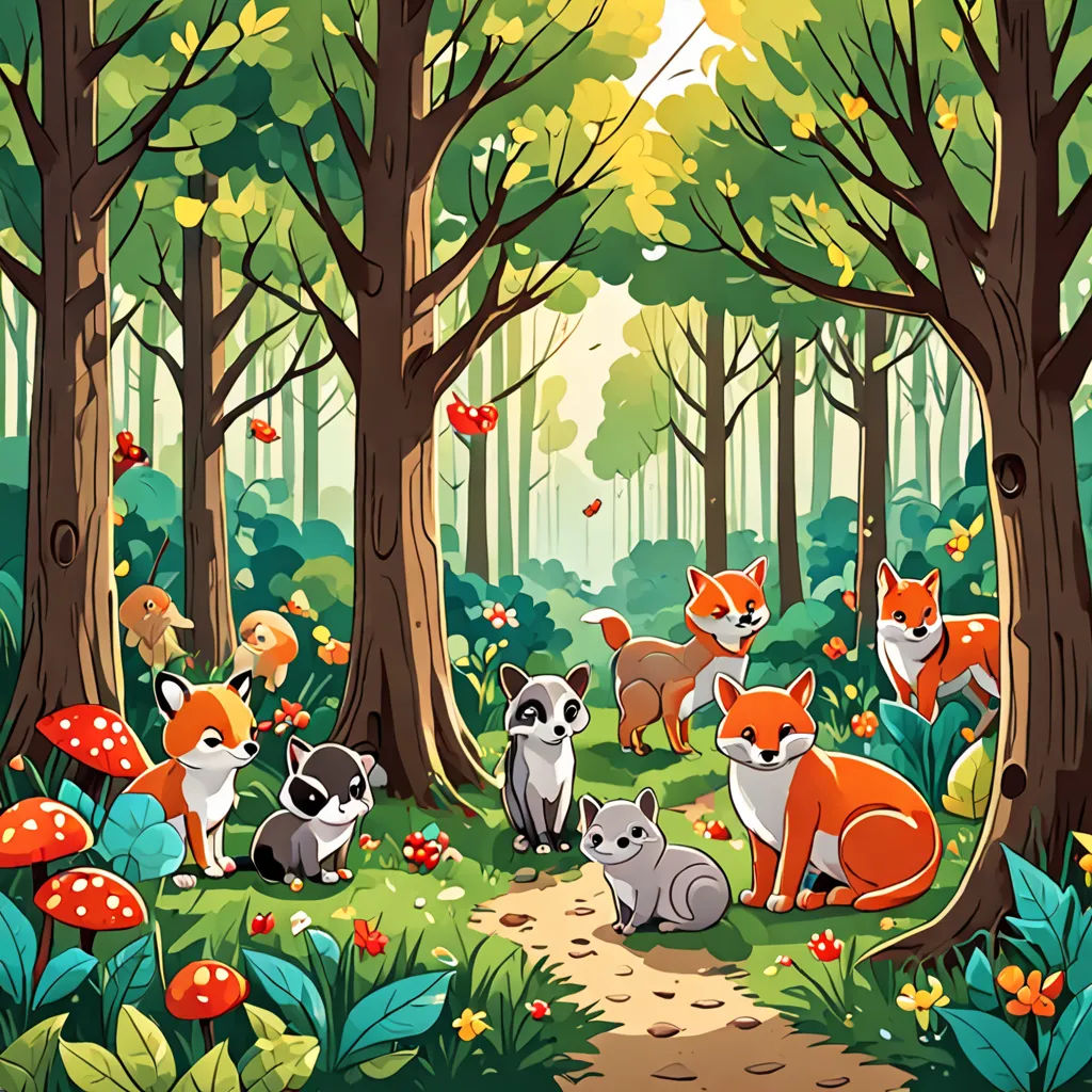 a painting of a forest with many animals in it and a path leading through the woods to the mushrooms, fantasy art, a storybook illustration, Chris LaBrooy, storybook illustration