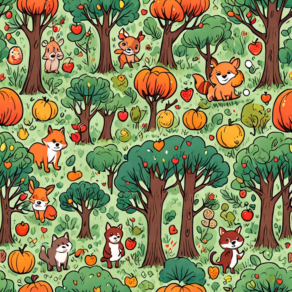 a green background with a bunch of animals and trees in it, and pumpkins and apples all around, context art, a storybook illustration, Annabel Kidston, forest