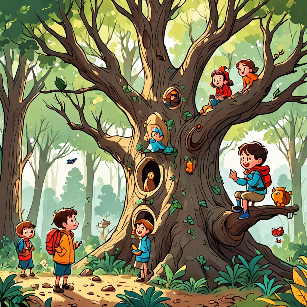 a group of children are climbing up a tree in the forest, with a boy on the tree branch, fantasy art, a storybook illustration, Diego Gisbert Llorens, storybook illustration