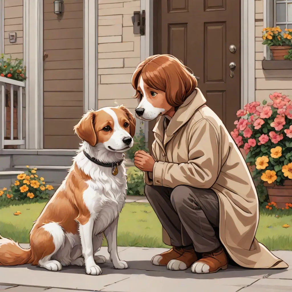 a painting of a man kneeling down next to a dog on a sidewalk with flowers in the background and a house with a door, furry art, a comic book panel, F Scott Hess, official art