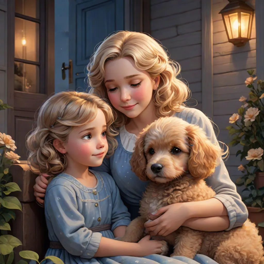 a painting of a mother and daughter hugging a dog on a porch with a lantern in the background and a dog sitting on her lap, photorealism, a storybook illustration, disney, cgstudio