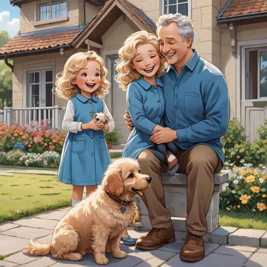 a painting of a family with a dog and a house in the background with flowers and a dog on the ground, american scene painting, a storybook illustration, F. Scott Hess, official art