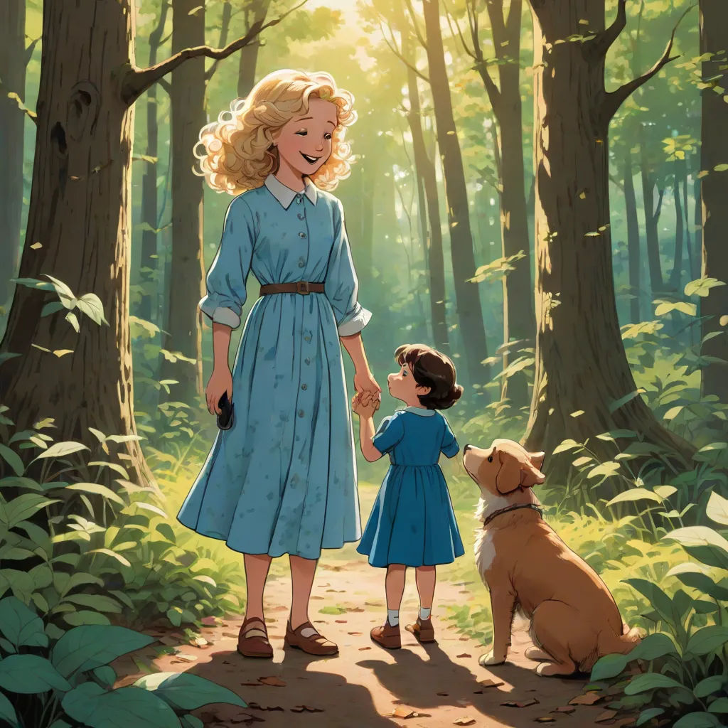 a painting of a little girl holding hands with a dog in the woods, with a forest background, and a woman in a blue dress, american scene painting, a storybook illustration, Anne Said, official art