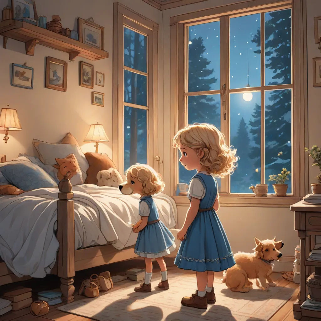 a painting of two little girls standing in a bedroom looking out the window at the night sky and a dog, furry art, a storybook illustration, Brothers Hildebrandt, storybook illustration