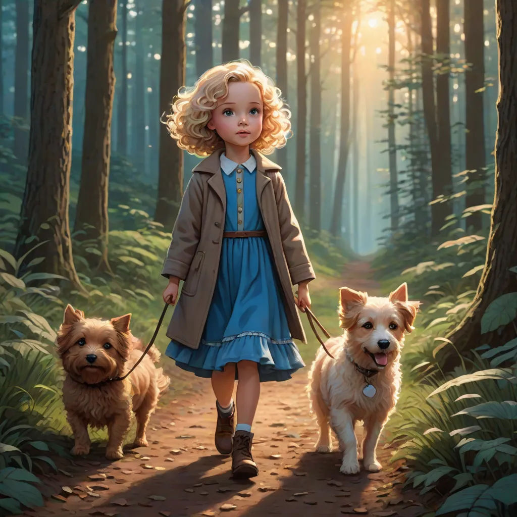 a little girl walking two dogs in a forest with the sun shining through the trees behind her and a dog on a leash, magic realism, a storybook illustration, Bob Byerley, official art