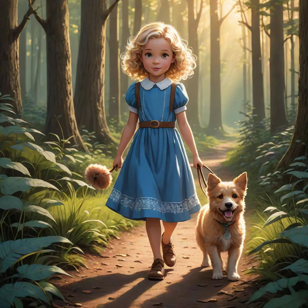 a painting of a girl and her dog walking through a forest with sunlight streaming through the trees and leaves, sots art, a storybook illustration, Alice Prin, official art