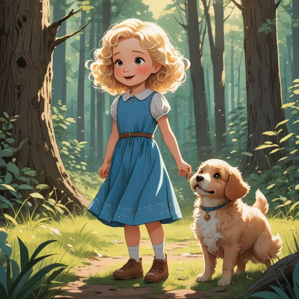 a little girl holding a dog's hand in a forest with trees and grass behind her, and a dog standing on a path, american scene painting, a storybook illustration, Charles Schulz, official art