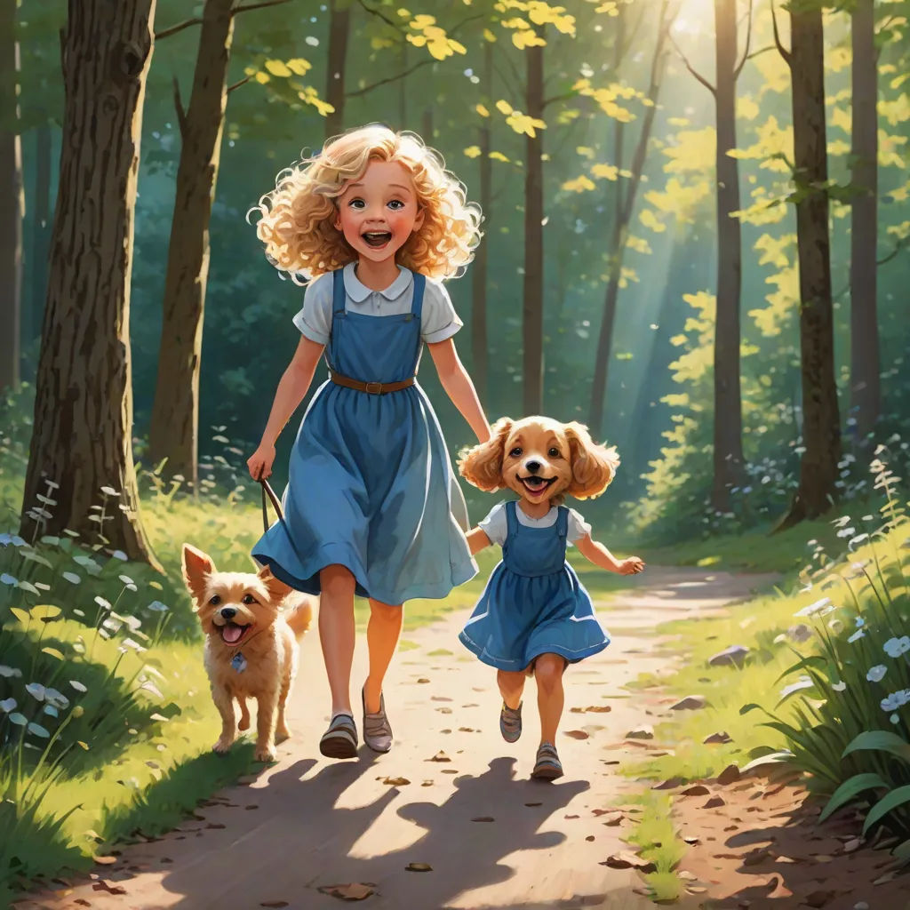 a painting of two children and a dog walking down a path in the woods with sunlight streaming through the trees, american scene painting, a storybook illustration, Bob Byerley, official art
