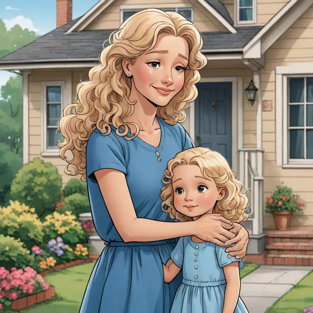 a woman and a child standing in front of a house with a house in the background and a flower garden, remodernism, a storybook illustration, disney, storybook illustration