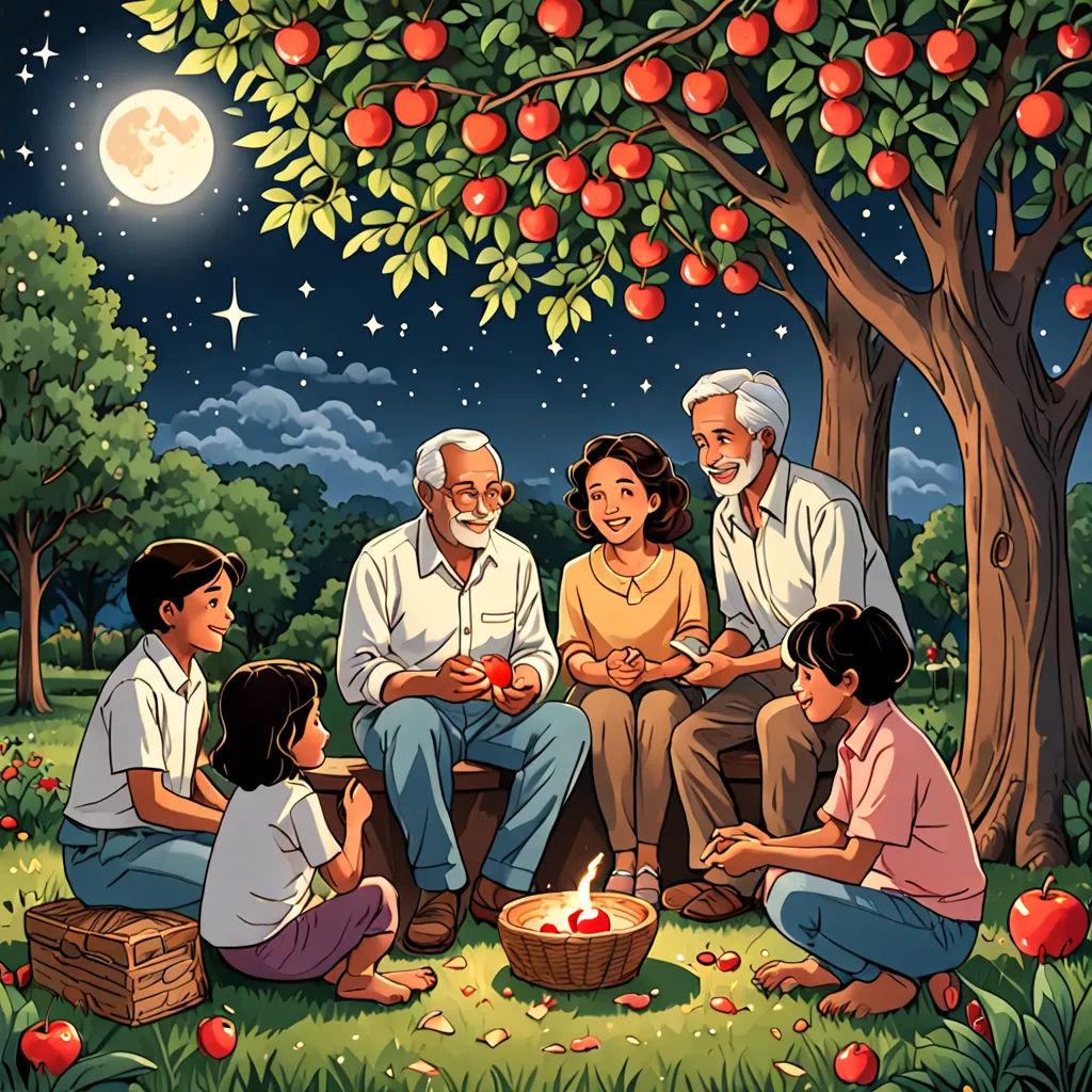 a family sitting under a tree with apples on it and a full moon in the background, with a basket of apples in the foreground, precisionism, a storybook illustration, Asaf Hanuka, official art
