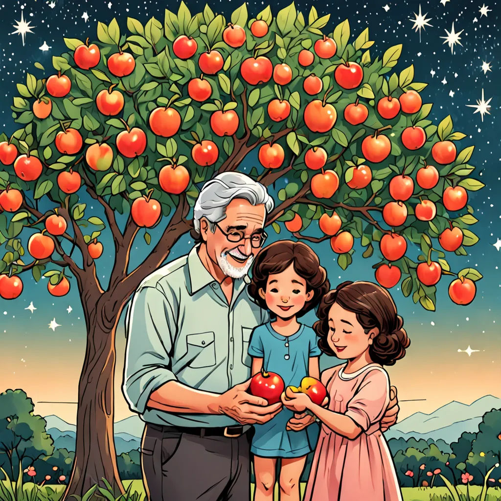 an old man and two young girls standing under a tree with apples in it, under a night sky with stars, serial art, a storybook illustration, David Park, official art