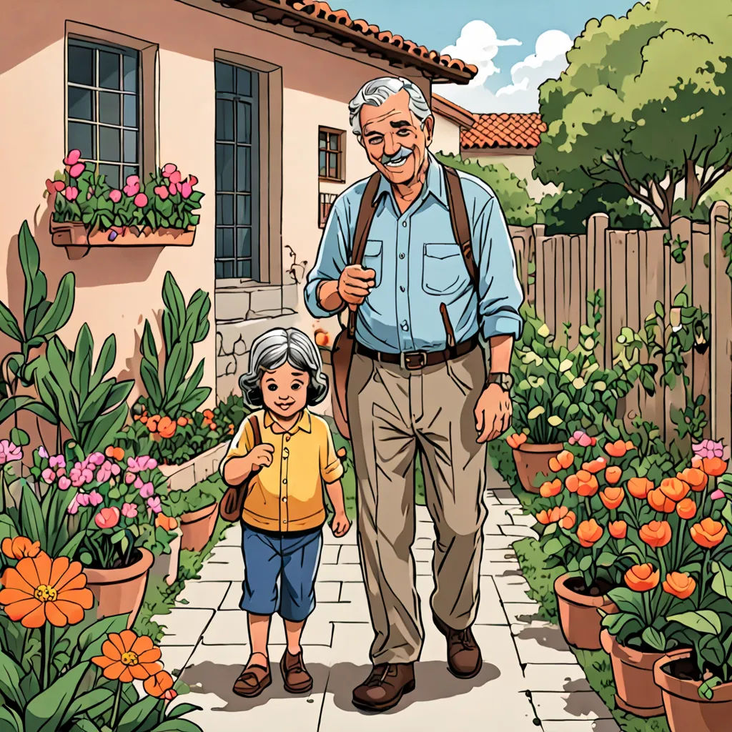 a man and a little girl walking through a garden with flowers in pots and a house in the background, magical realism, a storybook illustration, Asaf Hanuka, official art