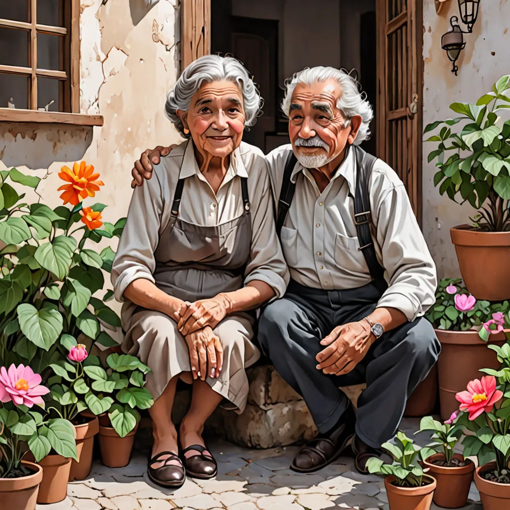 a couple of people sitting next to each other near potted plants and flowers in front of a building, photorealism, a photorealistic painting, Art Brenner, highly detailed digital painting