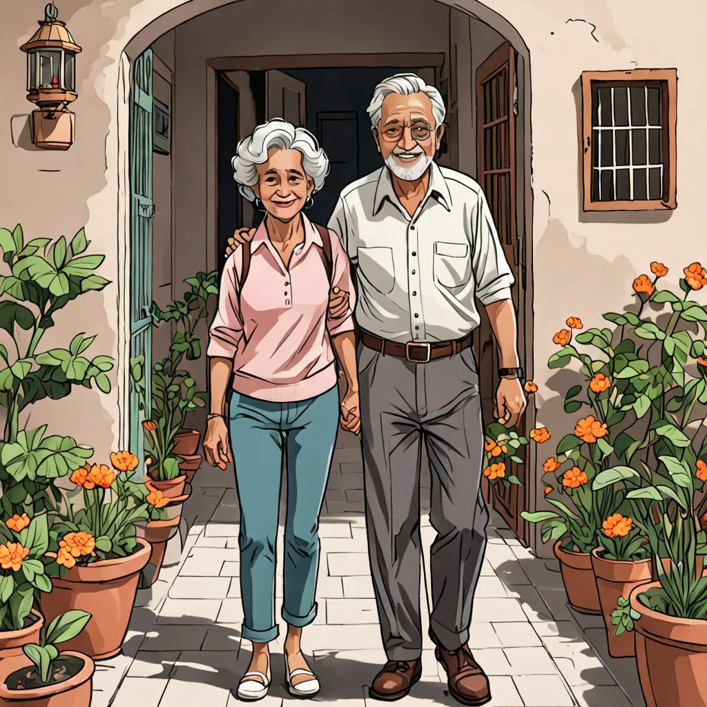 a man and woman walking down a sidewalk next to potted plants and flowers on either side of a doorway, art & language, a storybook illustration, Asaf Hanuka, detailed illustration
