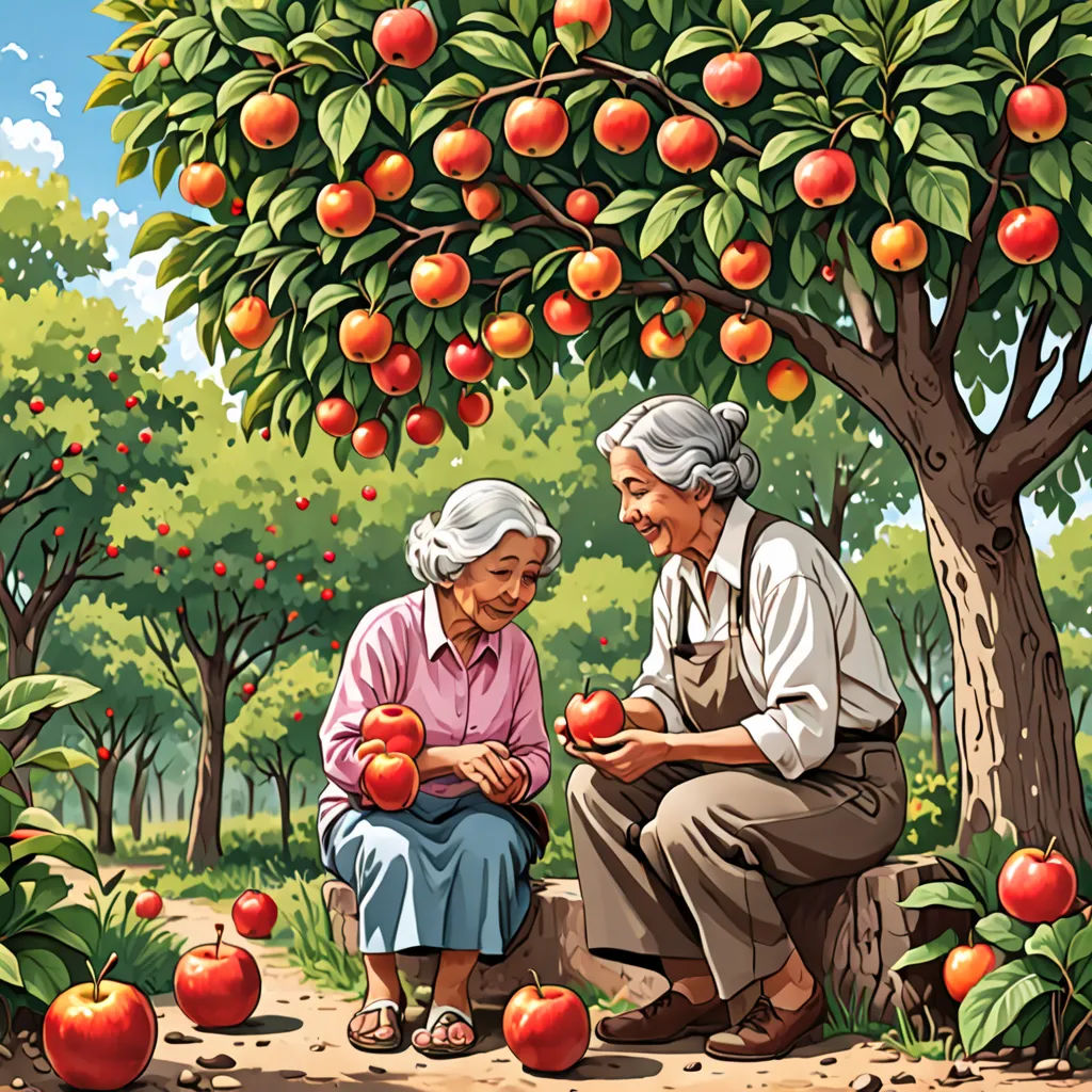 an elderly couple picking apples from a tree in a orchard with a man kneeling down to pick them up, naive art, a storybook illustration, Bourgeois, detailed illustration
