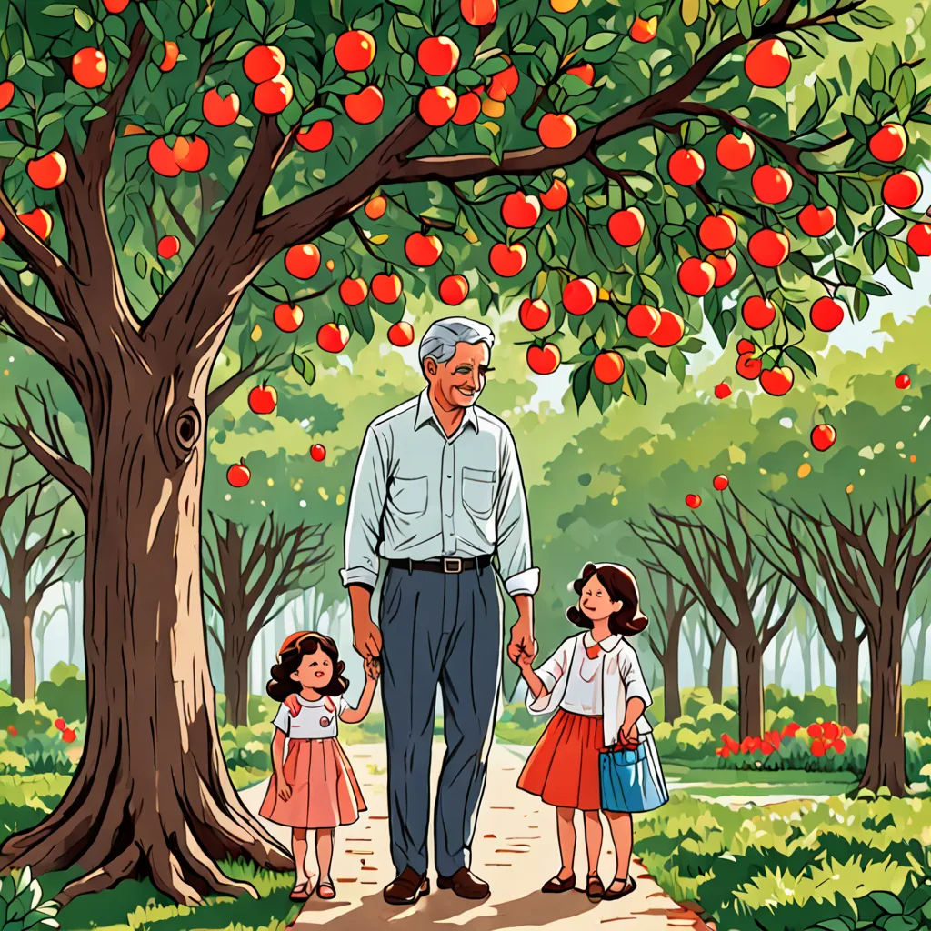 a man and two children are walking under an apple tree with an older man holding the hand of a younger girl, precisionism, a storybook illustration, Bob Singer, storybook illustration