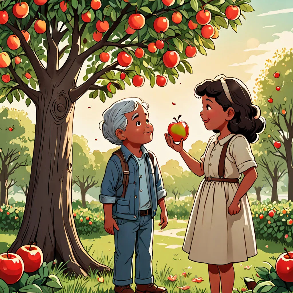 a boy and girl standing in front of a tree with apples on it and an apple in the other hand, socialist realism, a storybook illustration, Cliff Childs, storybook illustration