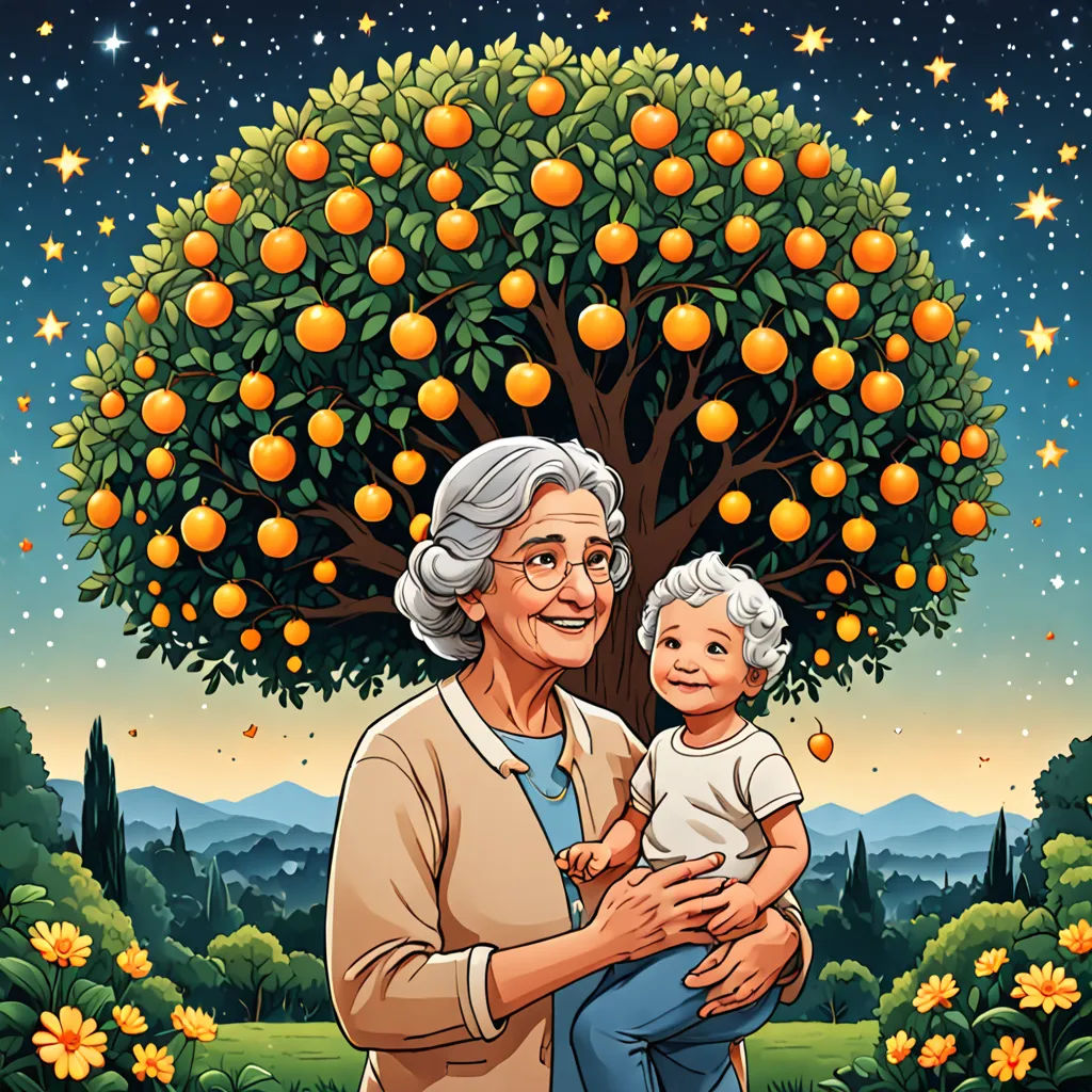 a woman holding a baby under a tree filled with oranges on a night sky background with stars and a full moon, massurrealism, a storybook illustration, Bracha L. Ettinger, storybook illustration