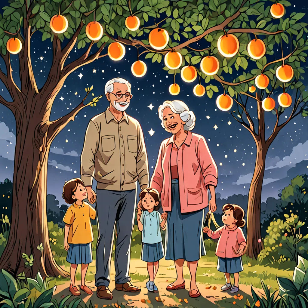 a family standing under an orange tree with an orange tree in the background and a night sky with stars, serial art, a storybook illustration, Akira Toriyama, official art