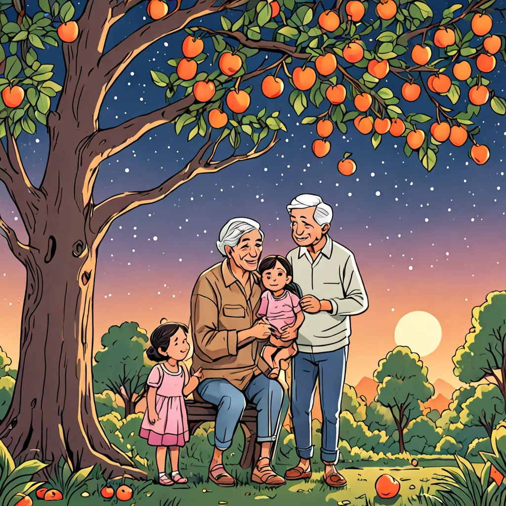 an older man and two young girls are under a tree with oranges on it and an older man is holding a young girl, magical realism, a storybook illustration, Asaf Hanuka, storybook illustration