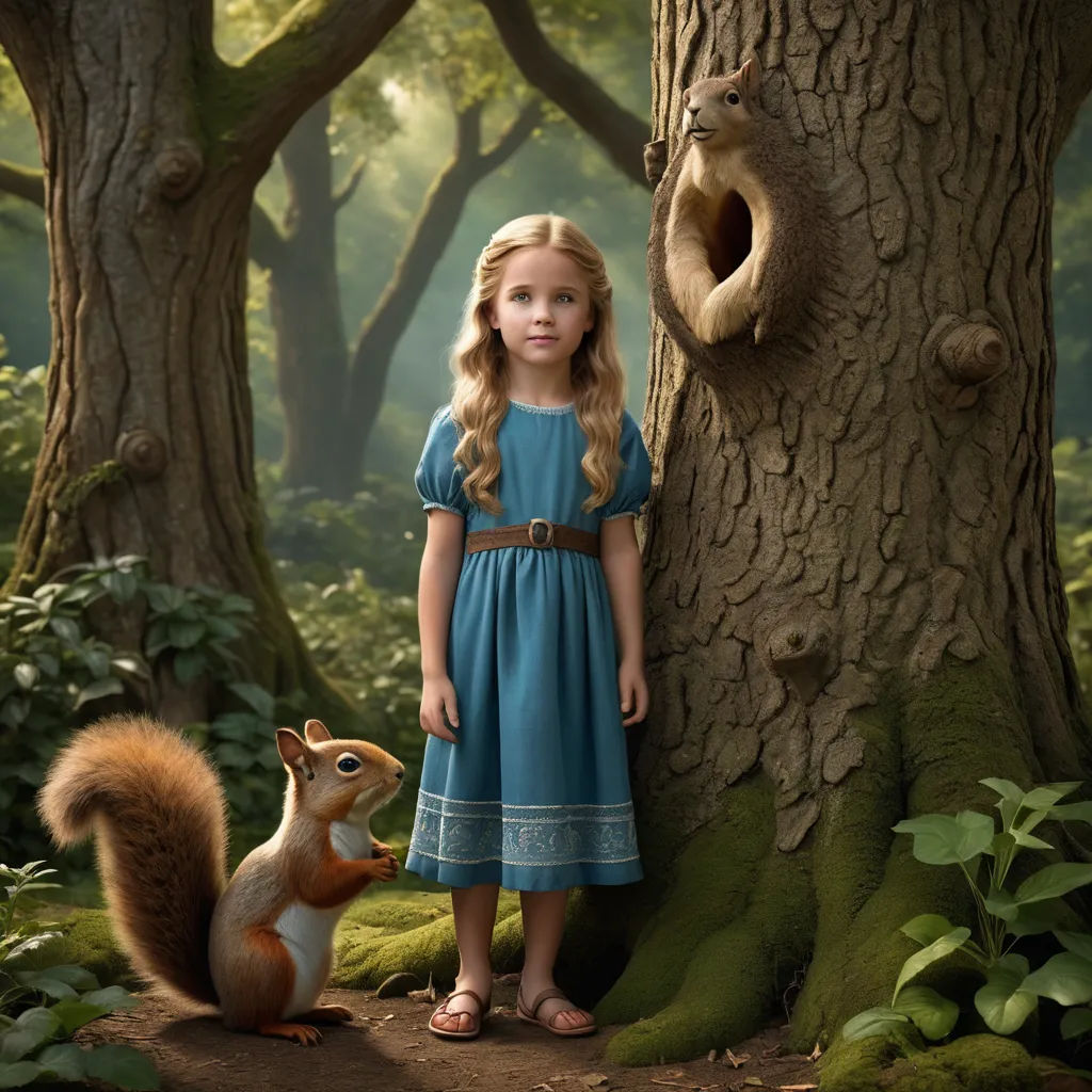 a little girl standing next to a tree with a squirrel on it's back legs and a squirrel on the ground, magical realism, a storybook illustration, Elinor Proby Adams, promotional image