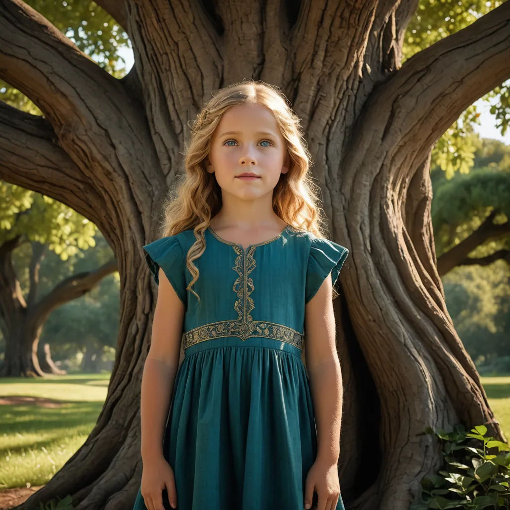 a little girl standing in front of a tree in a park wearing a green dress and a braided hair, symbolism, a character portrait, Celia Fiennes, promotional image