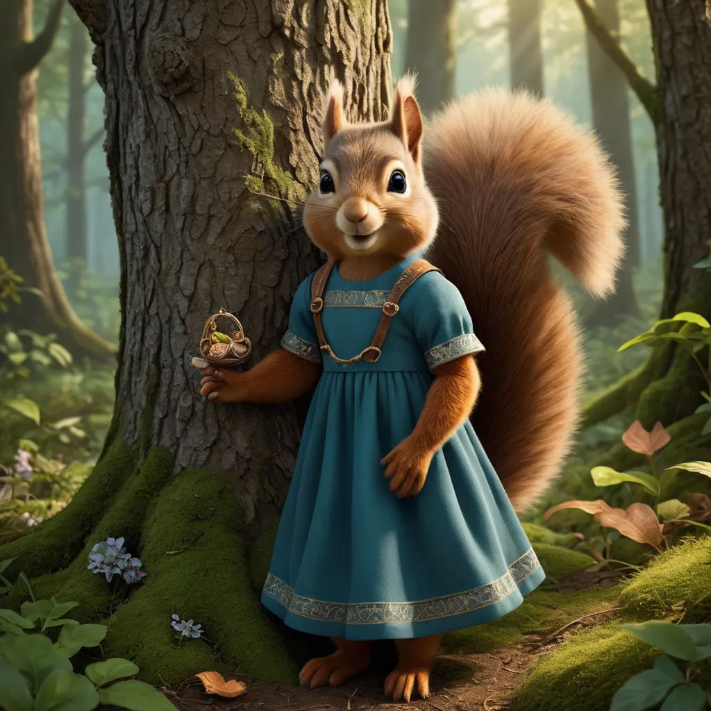 a squirrel in a blue dress is standing next to a tree and holding a squirrel's hand in its right hand, furry art, a 3D render, Beatrix Potter, promotional image
