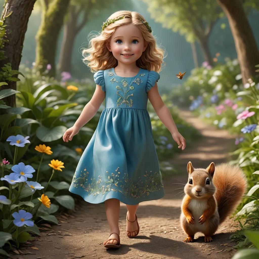 a little girl in a blue dress is walking with a squirrel in a forest with flowers and butterflies around her, photorealism, a storybook illustration, Arthur Hughes, cgstudio