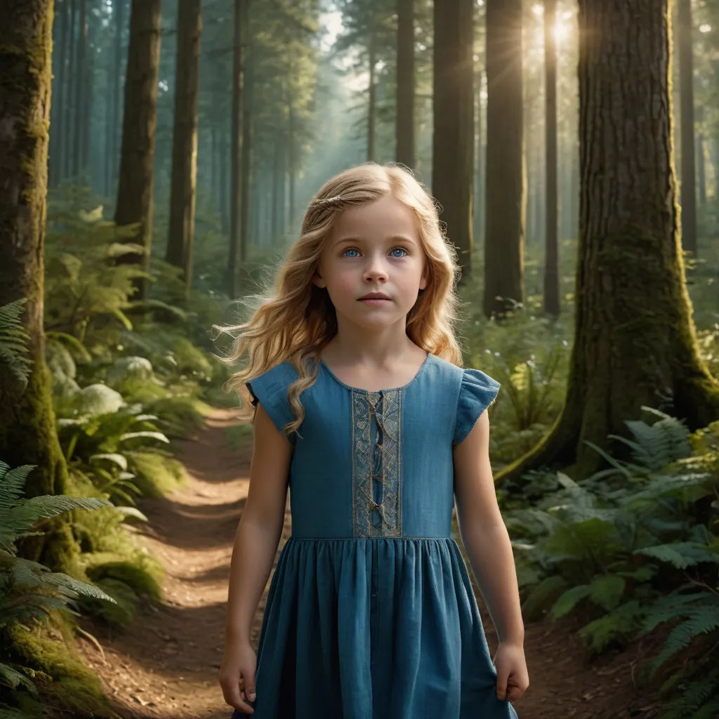 a little girl in a blue dress standing in a forest with a trail in the background and sun shining through the trees, magical realism, a storybook illustration, Daniel Lieske, cinematic photography