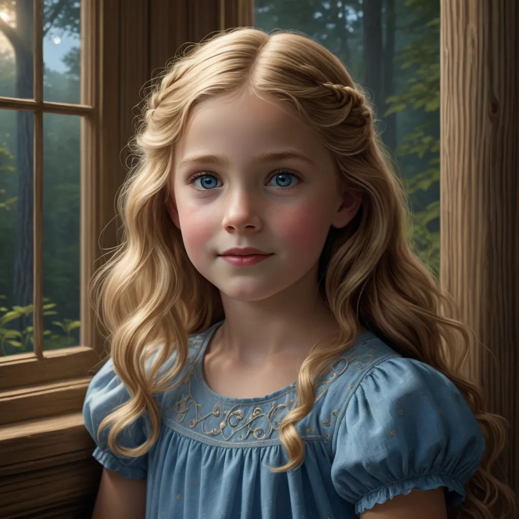 a painting of a little girl looking out a window at the woods outside of a house with a sun shining through the window, photorealism, a photorealistic painting, Brad Kunkle, highly detailed digital painting