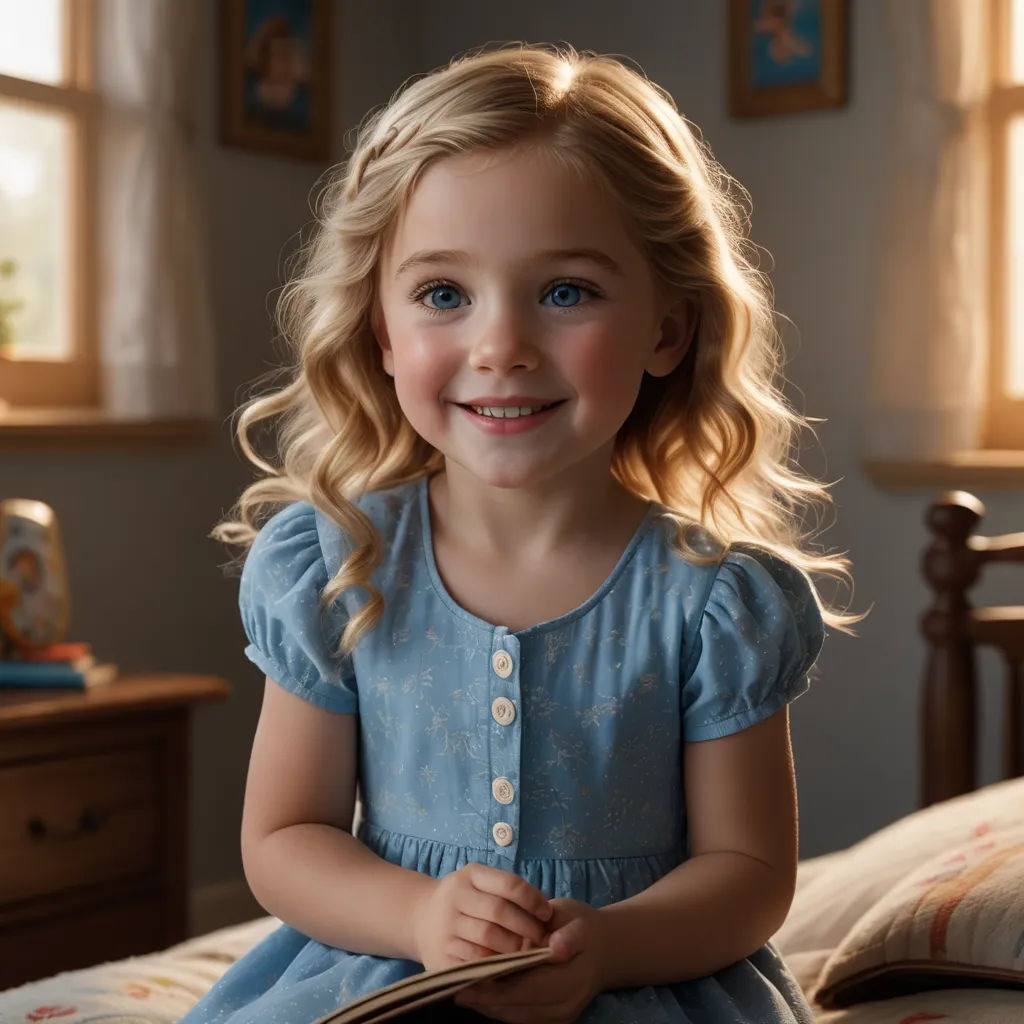 a little girl sitting on a bed smiling at the camera with a book in her hand and a window behind her, photorealism, a photorealistic painting, Caroline Lucy Scott, cgstudio