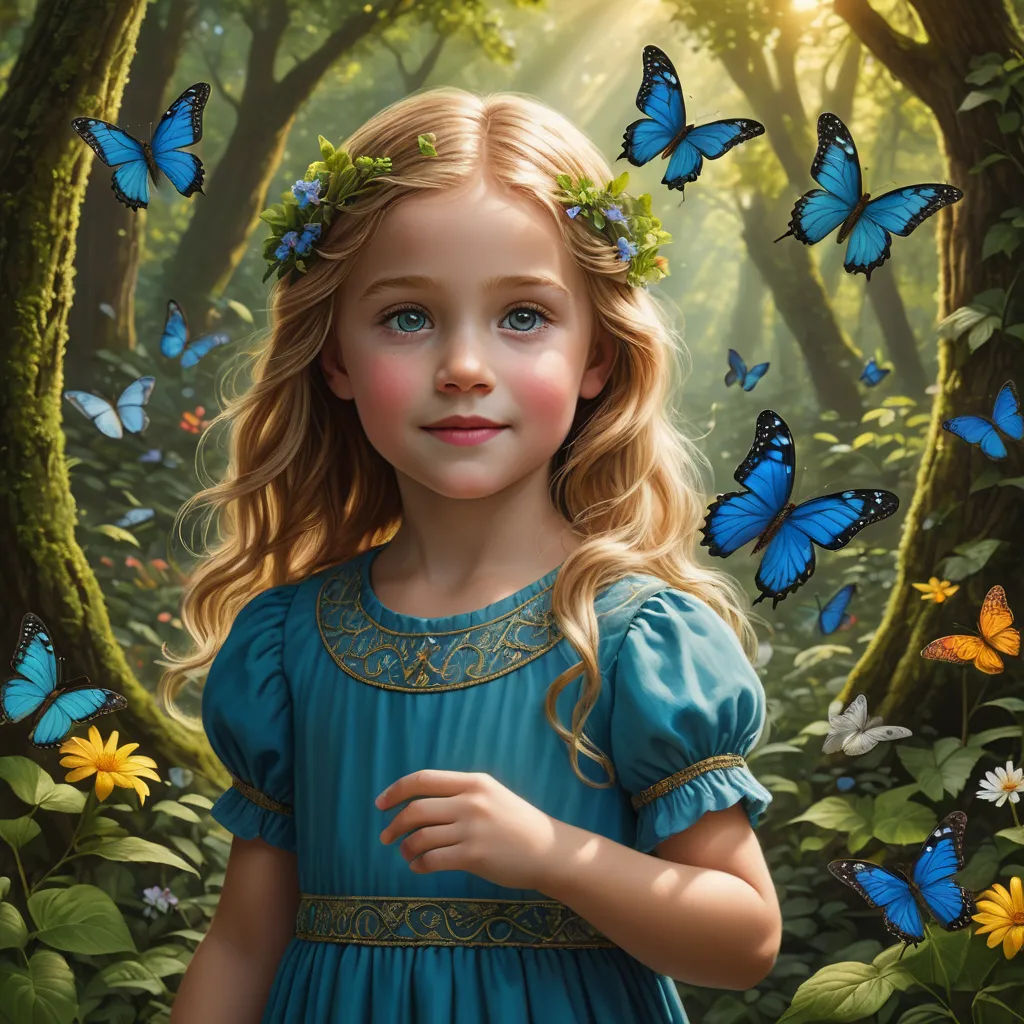 a painting of a little girl in a blue dress surrounded by butterflies and flowers in a forest with sunbeams, magic realism, a storybook illustration, Brad Kunkle, highly detailed digital painting
