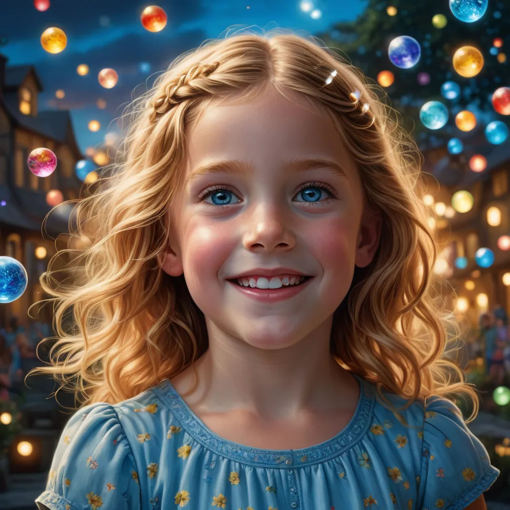 a painting of a little girl with bubbles in the air above her head and a city street in the background, photorealism, a photorealistic painting, Bob Byerley, highly detailed digital painting