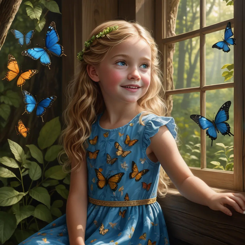 a painting of a little girl looking out a window at butterflies flying around her and smiling at the camera, magic realism, a photorealistic painting, Bob Byerley, highly detailed digital painting