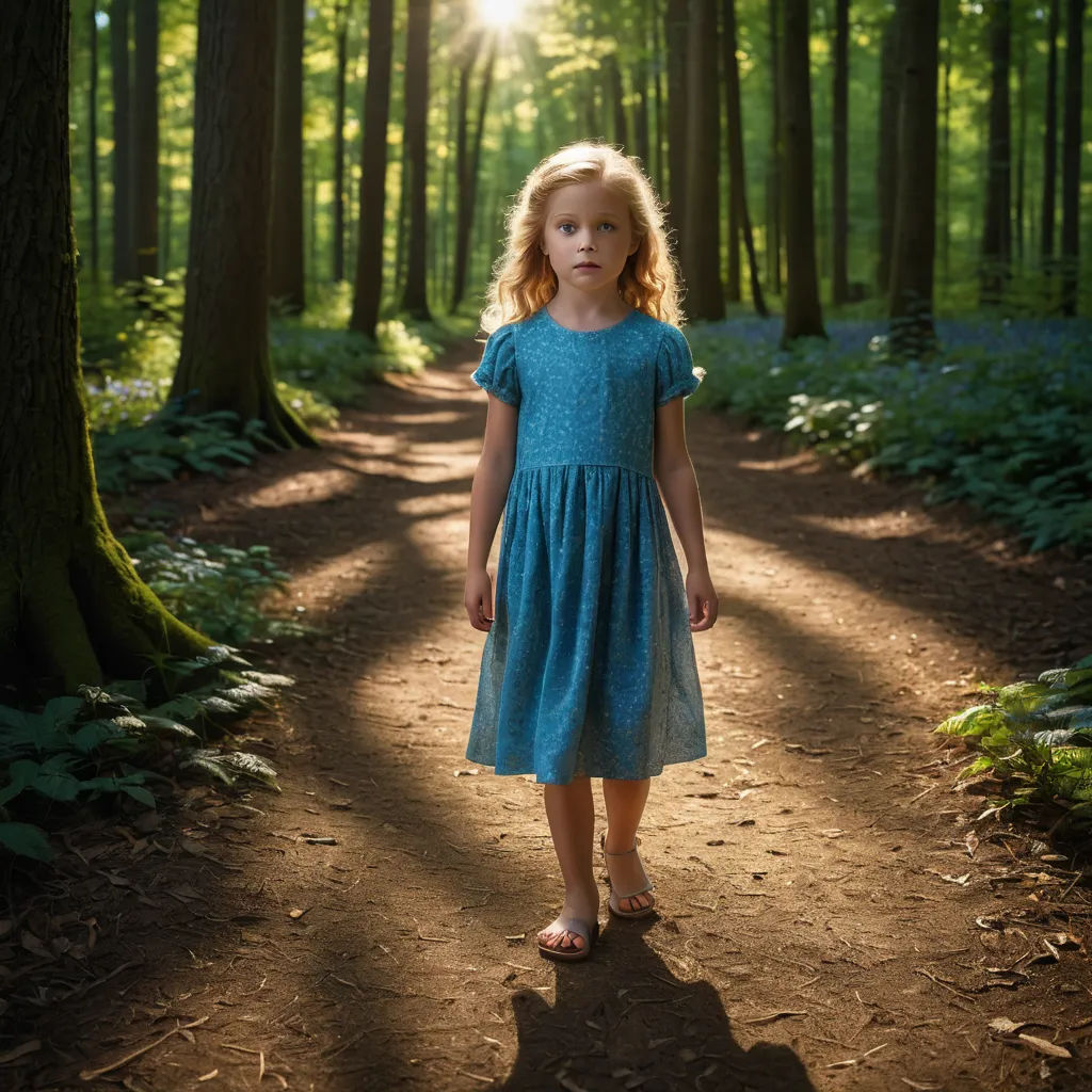 a little girl standing in the middle of a forest with a sun shining through the trees behind her and a path leading to the woods, magical realism, a storybook illustration, Daniel Lieske, anamorphic lens flare