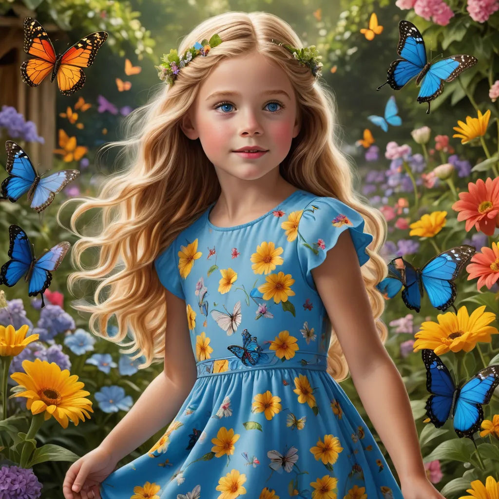 a painting of a little girl in a blue dress surrounded by butterflies and flowers with a butterfly - themed background, photorealism, a photorealistic painting, Bob Byerley, highly detailed digital painting