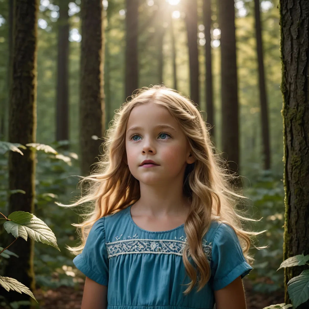a little girl standing in the woods looking up at the sun shining through the trees and leaves on the ground, magical realism, a storybook illustration, Daniel Lieske, cinematic photography