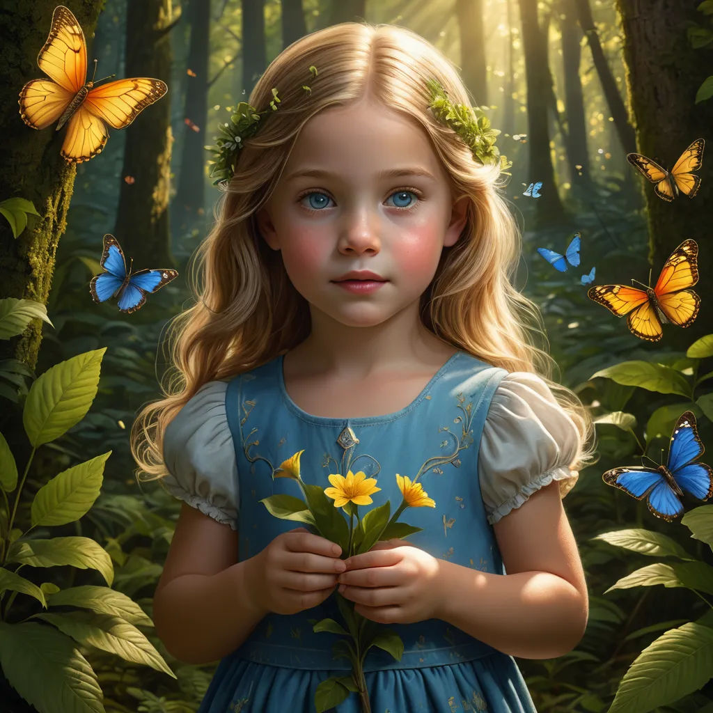 a little girl holding a flower in a forest with butterflies around her and a butterfly in her hand,, fantasy art, a detailed painting, Brad Kunkle, highly detailed digital painting