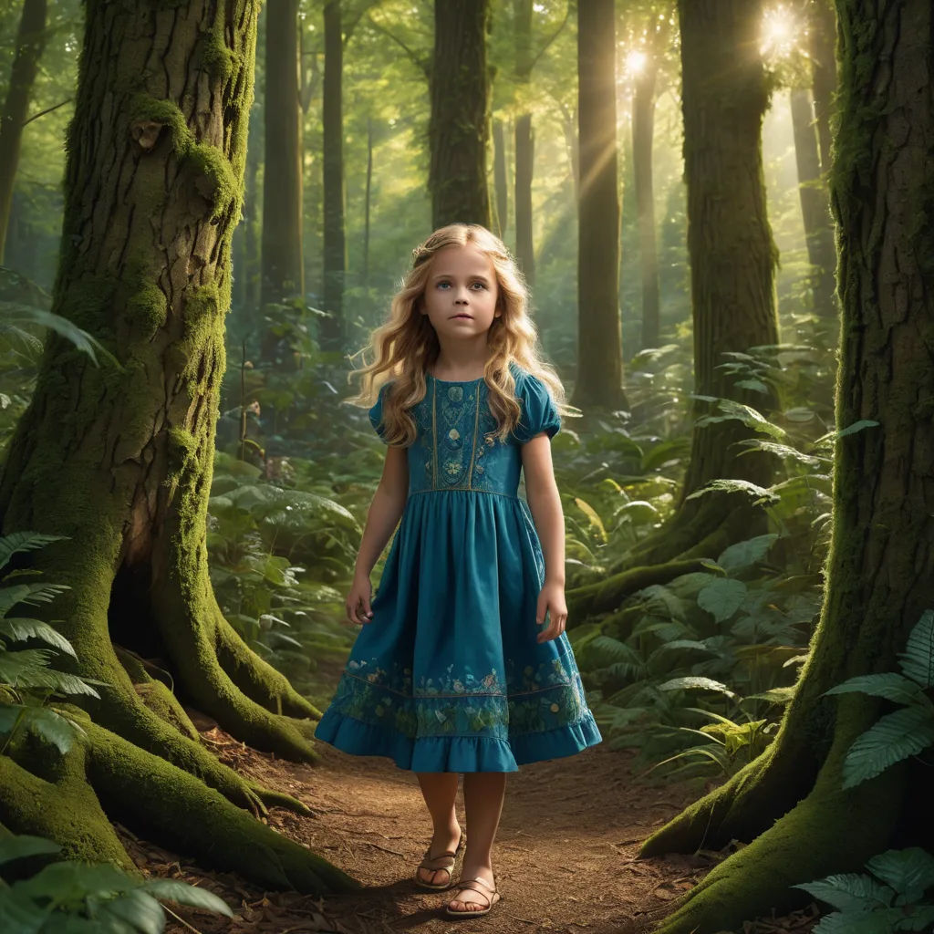 a little girl standing in the middle of a forest with a sunbeam in the background and a path leading through the woods, magical realism, a storybook illustration, Brad Kunkle, promotional image