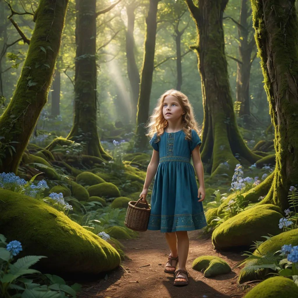 a little girl in a blue dress is walking through a forest with green mossy trees and blue flowers, magical realism, a detailed matte painting, Elinor Proby Adams, cinematic photography