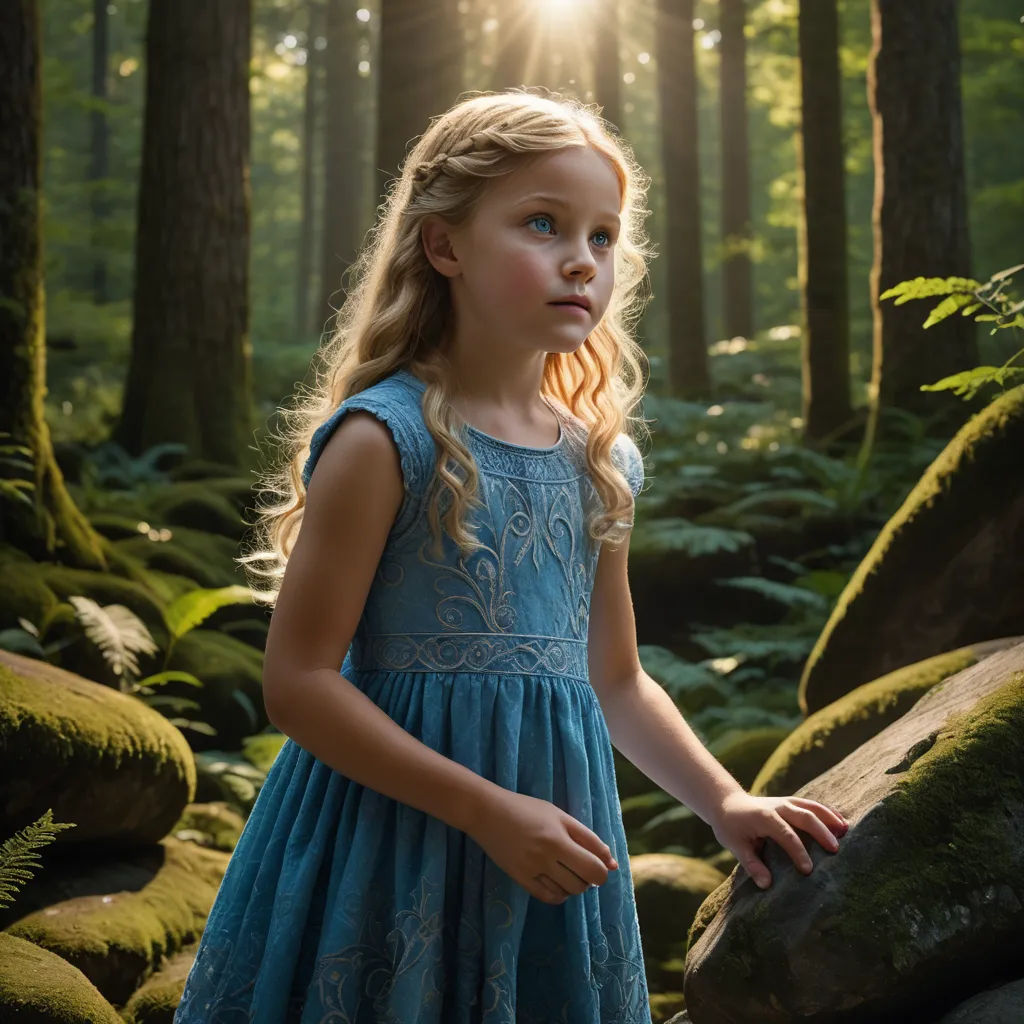 a little girl standing in the woods with a sun shining through the trees behind her and a rock in the foreground, magical realism, a detailed matte painting, Daniel Lieske, cinematic photography